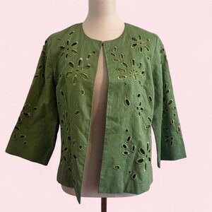Vintage Trenz 100% Linen Green Eyelet Jacket — Size M